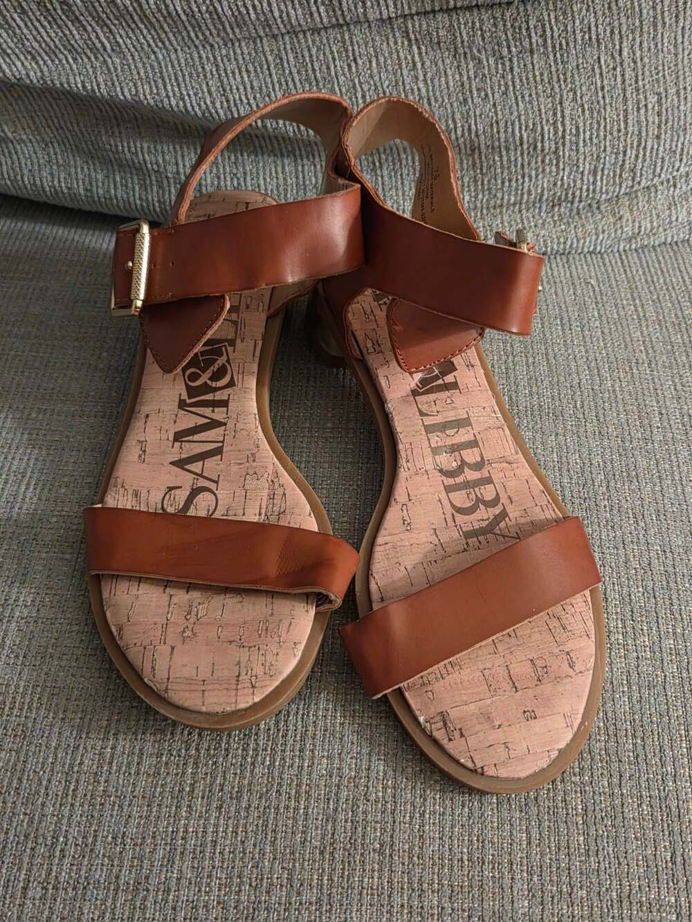 Sam & Libby Block Heel Sandals Size 7.5 Brown Gold Tone Ankle Strap